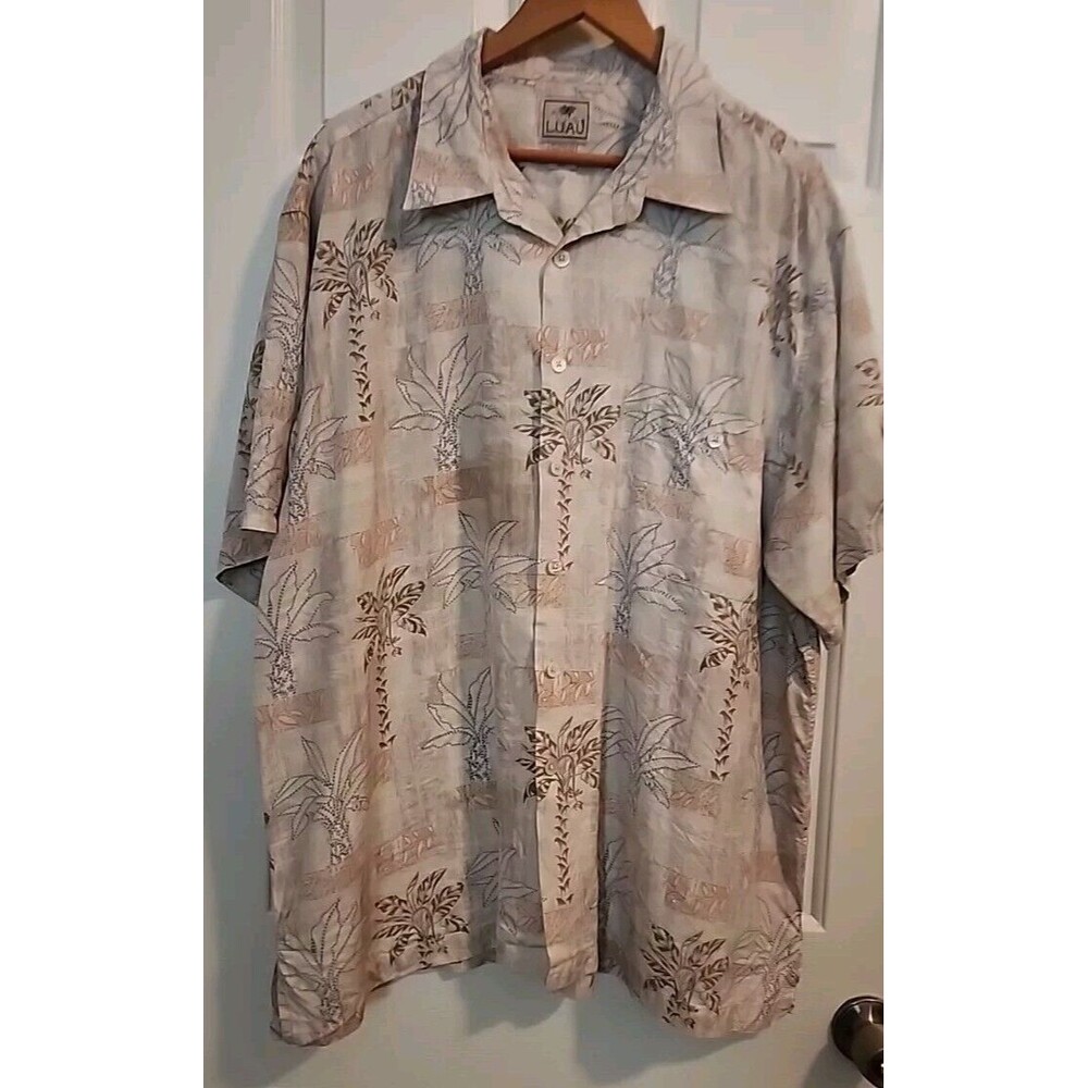 Luau Mens 2XL Beige Button Up 100% Finest Silk Brown Hawaiian Short Sleeve